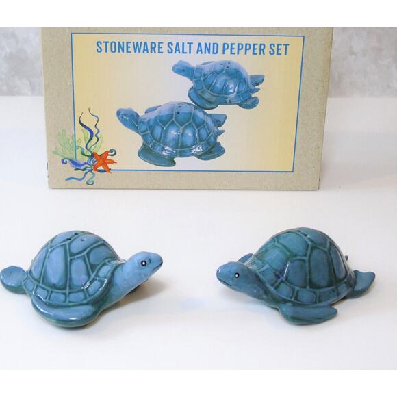 Sea Turtle Salt & Pepper Shakers 4" Ceramic Figurines Nautical Ocean Decor Box - Picture 9 of 9